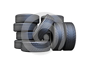 3D rendering of set of tires for car on white background no shadow