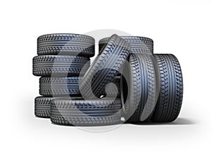 3D rendering of set of tires for car on white background with shadow