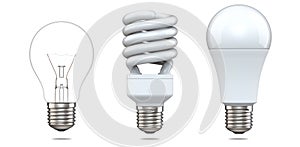 3d rendering set of tungsten bulb, fluorescent bulb and LED bulb. 3d illustration, evolution of energy saver lamps