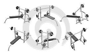 3d rendering of set of weight benches with metal barbell isolated on white background