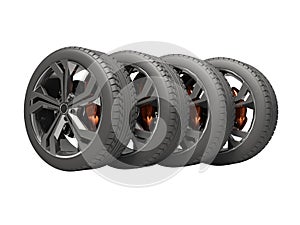 3D rendering of set of wheels and tires for car side view on white background no shadow