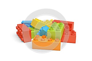 3d rendering of several colorful LEGO bricks lying on white background.