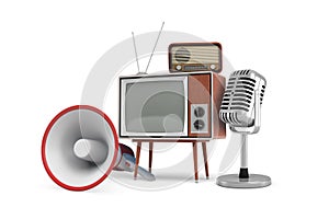3d rendering of several isolated pieces of vintage equipment: a megaphone, a TV set, a radio and a microphone.