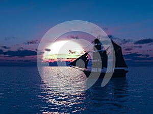 3D rendering of a ship out at sea at sunset