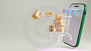 3D rendering of a shopping cart with parcel boxes, smartphone application, Shopping online and delivery concept