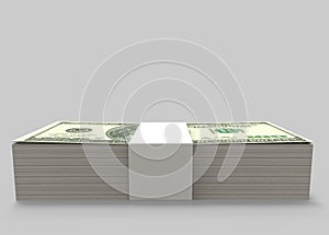 3d rendering. Side view of One Hundred USA Dollars bank notes stack on copy space gray background with clipping path