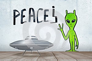 3d rendering of silver metal UFO above white wooden floor with green alien and PEACE sign drawn on the wall