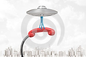 3d rendering of silver metal UFO carrying red retro telephone receiver on white city skyscrapers background