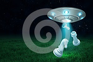 3d rendering of silver metal UFO with chess pieces on dark night sky and green grass background