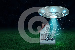 3d rendering of silver metal UFO with white house shattering into small pieces on dark night sky and green grass