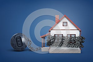 3d rendering of a single house bound by iron chain with a word Debt on an iron ball.