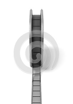 3d rendering of a single movie reel with the film unwinding from the inside in a side view on a white background.