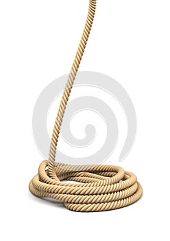 3d rendering of a single natural rope lying in a round coil with one side of the line lifted up.