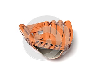 3d rendering of a single orange baseball glove lying on a white background.