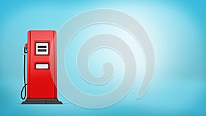 3d rendering of a single red gas pump with a nozzle attached standing on blue background.