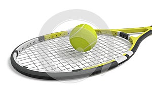 3d rendering a single tennis racquet lying with a yellow ball on top of its mesh head.
