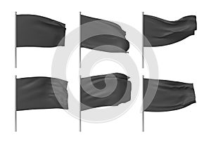 3d rendering of six black flags hanging on posts and wavering on a white background.