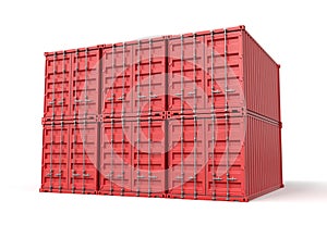 3d rendering of six closed red cargo containers stacked on one another on white background.