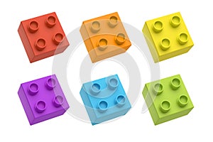 3d rendering of six multicolored toy blocks shown from top side view on white background.