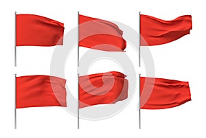 3d rendering of six red flags hanging on posts and wavering on a white background.