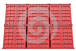 3d rendering of six red shipping containers stocked isolated on white background