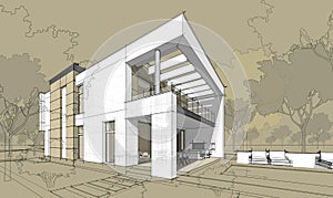 3d rendering sketch of modern cozy house.