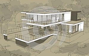 3d rendering sketch of modern house