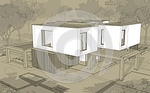 3d rendering sketch of modern house