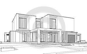 3d rendering sketch of modern house black line on white background