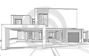 3d rendering sketch of modern house black line on white background