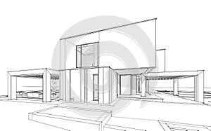 3d rendering sketch of modern house black line on white background