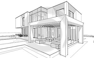 3d rendering sketch of modern house black line on white background