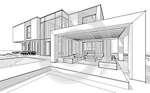 3d rendering sketch of modern house black line on white background