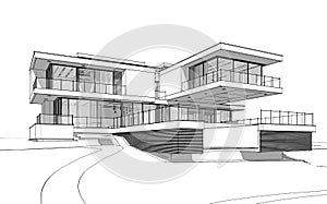 3d rendering sketch of modern house by the river in winter