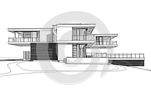 3d rendering sketch of modern house by the river in winter