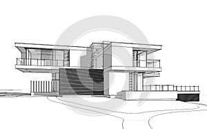 3d rendering sketch of modern house by the river in winter