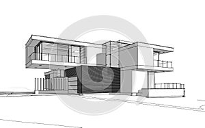 3d rendering sketch of modern house by the river in winter