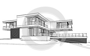 3d rendering sketch of modern house by the river in winter