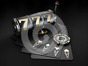 3d rendering of Slot machine with chips and play cards, clipping path included.