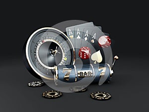 3d rendering of Slot machine with chips, roulette and play cards, clipping path included