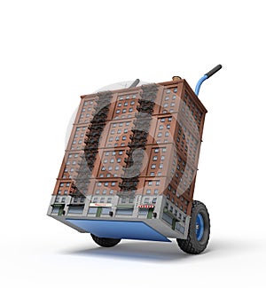 3d rendering of small 16-storeyed block of flats on blue hand truck.