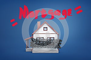 3d rendering of a small family house bound by a metal chain under the red word Mortgage.