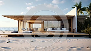 3D rendering of a small house on a beach. The house is surrounded by palm trees.