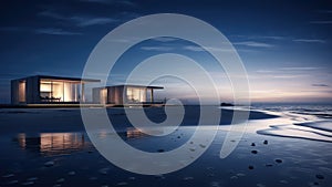 3D rendering of a small house on a sea beach.