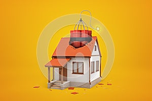 3d rendering of small one-storey house with broken roof and enormous bundle of dynamite sticking out of hole on amber