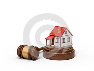 3d rendering of small white house with red roof on round wooden block and brown wooden gavel