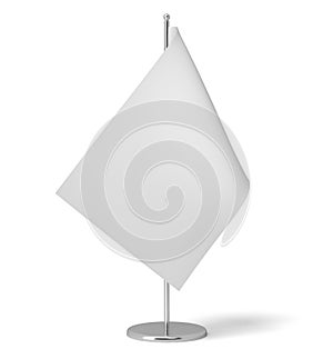 3d rendering of a small white rectangular flag on a table post standing on white background.