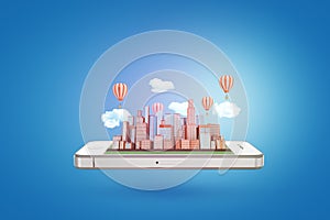 3d rendering of a smartphone floating horizontally with a modern city rising from its screen with clouds and hot air