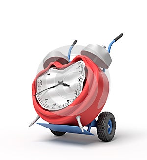 3d rendering of smashed broken alarm clock on a hand truck