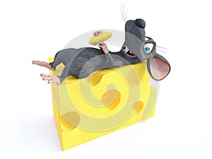 3D rendering of a smiling cartoon mouse lying on cheese
